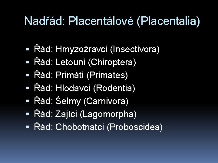 Nadřád: Placentálové (Placentalia) Řád: Hmyzožravci (Insectivora) Řád: Letouni (Chiroptera) Řád: Primáti (Primates) Řád: Hlodavci