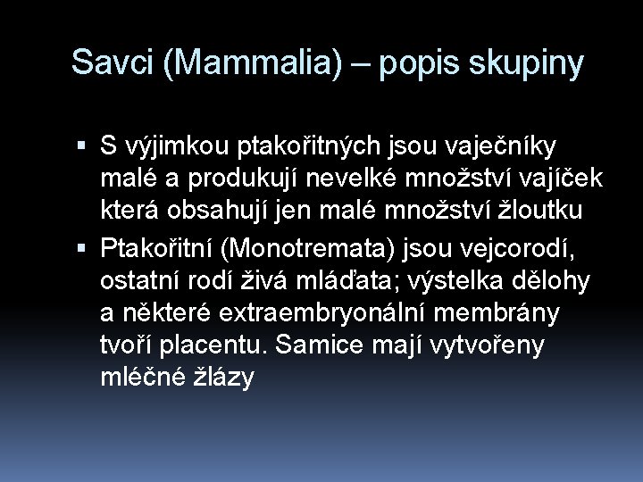 Savci (Mammalia) – popis skupiny S výjimkou ptakořitných jsou vaječníky malé a produkují nevelké