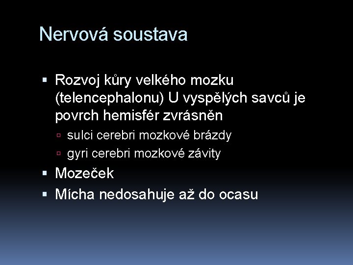 Nervová soustava Rozvoj kůry velkého mozku (telencephalonu) U vyspělých savců je povrch hemisfér zvrásněn