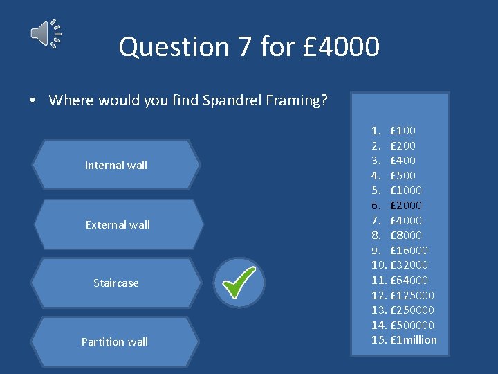 Question 7 for £ 4000 • Where would you find Spandrel Framing? Internal wall