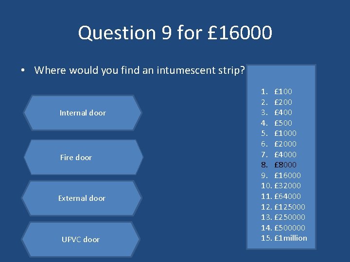 Question 9 for £ 16000 • Where would you find an intumescent strip? Internal