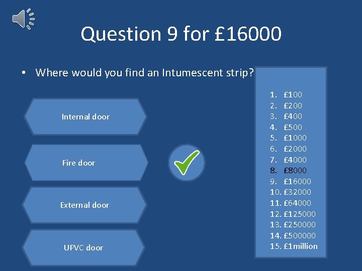Question 9 for £ 16000 • Where would you find an Intumescent strip? Internal