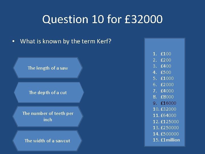 Question 10 for £ 32000 • What is known by the term Kerf? The
