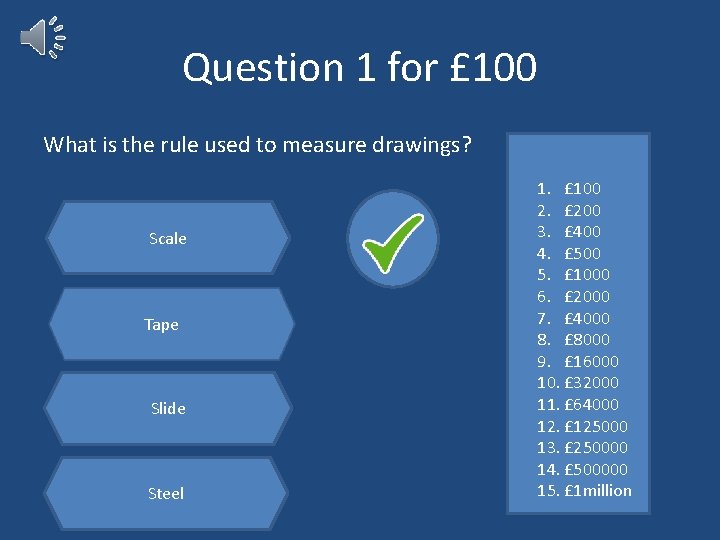 Question 1 for £ 100 What is the rule used to measure drawings? Scale