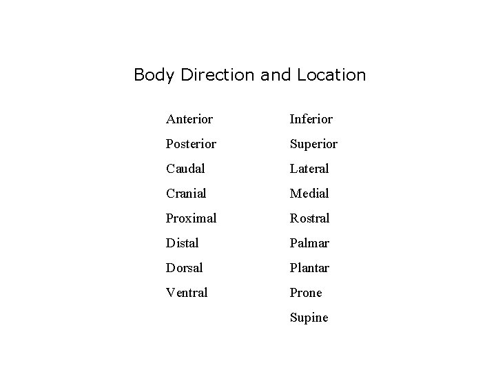 Body Direction and Location Anterior Inferior Posterior Superior Caudal Lateral Cranial Medial Proximal Rostral