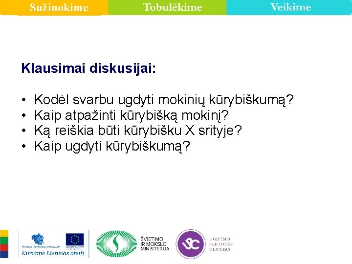 Sužinokime Klausimai diskusijai: • • Kodėl svarbu ugdyti mokinių kūrybiškumą? Kaip atpažinti kūrybišką mokinį?