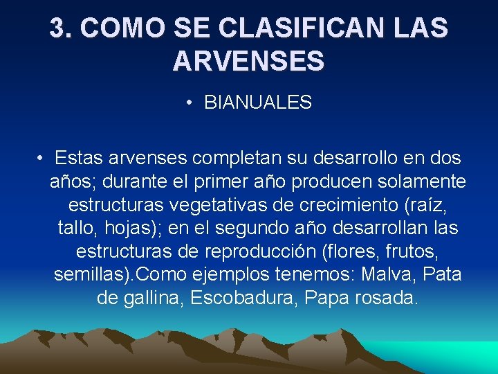 3. COMO SE CLASIFICAN LAS ARVENSES • BIANUALES • Estas arvenses completan su desarrollo