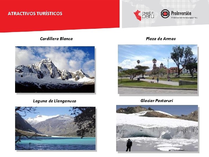 ATRACTIVOS TURÍSTICOS Cordillera Blanca Laguna de Llanganuco Plaza de Armas Glaciar Pastoruri 