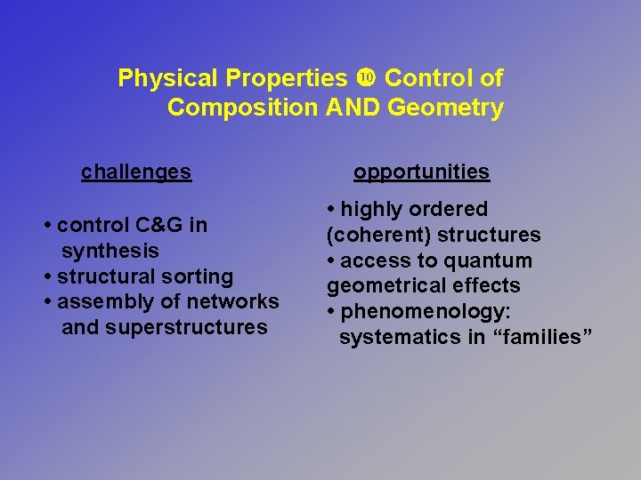 Physical Properties Control of Composition AND Geometry challenges • control C&G in synthesis •