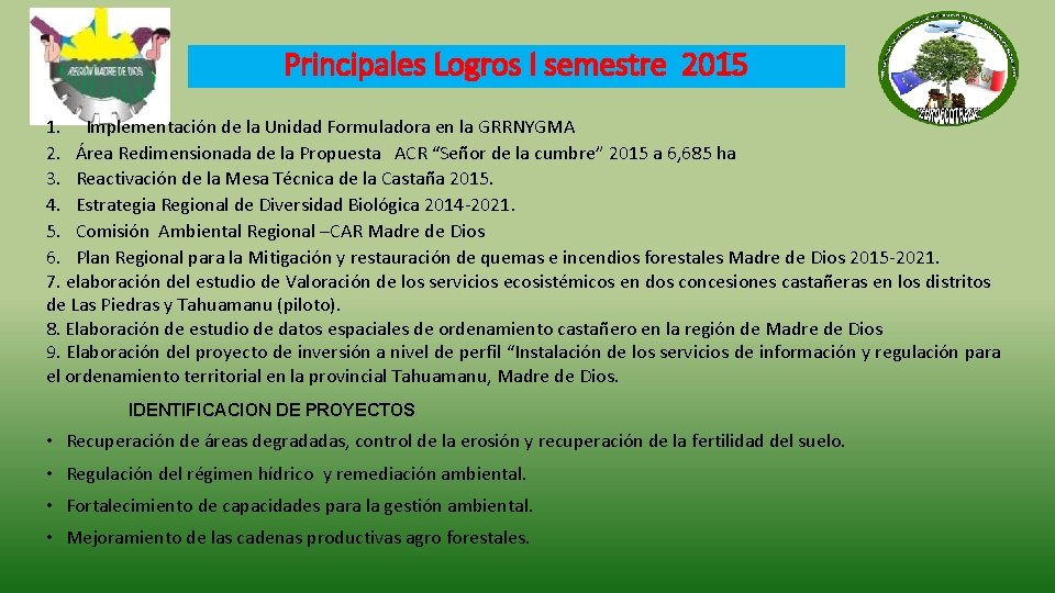 Principales Logros I semestre 2015 1. Implementación de la Unidad Formuladora en la GRRNYGMA