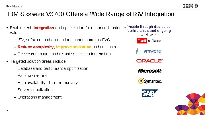 IBM Storage IBM Storwize V 3700 Offers a Wide Range of ISV Integration §