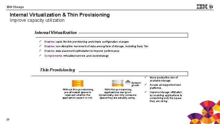 IBM Storage Internal Virtualization & Thin Provisioning Improve capacity utilization § Internal Virtualization ü