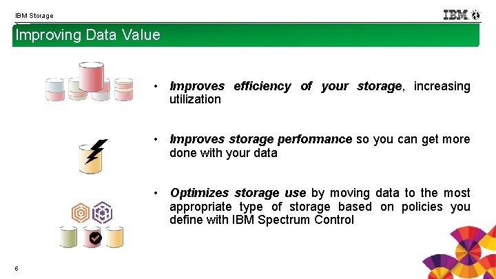 IBM Storage Improving Data Value • Improves efficiency of your storage, increasing utilization •