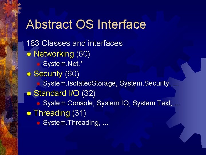 Abstract OS Interface 183 Classes and interfaces ® Networking (60) ® System. Net. *