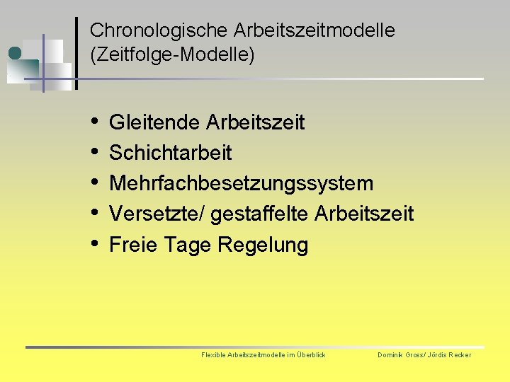 Chronologische Arbeitszeitmodelle (Zeitfolge-Modelle) • • • Gleitende Arbeitszeit Schichtarbeit Mehrfachbesetzungssystem Versetzte/ gestaffelte Arbeitszeit Freie
