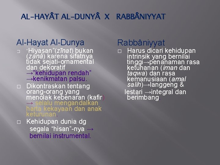 AL-HAY T AL-DUNY X RABB NIYYAT Al-Hayat Al-Dunya Rabbâniyyat � � “Hiyasan”(zĩnat) bukan (zanâ)