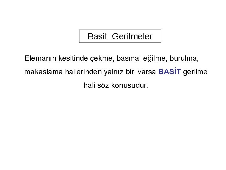 Basit Gerilmeler Elemanın kesitinde çekme, basma, eğilme, burulma, makaslama hallerinden yalnız biri varsa BASİT Basit Gerilmeler Elemanın kesitinde çekme, basma, eğilme, burulma, makaslama hallerinden yalnız biri varsa BASİT