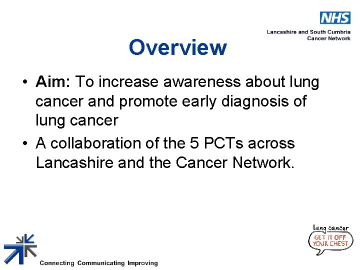 Overview • Aim: To increase awareness about lung cancer and promote early diagnosis of