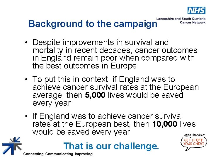 Background to the campaign • Despite improvements in survival and mortality in recent decades,