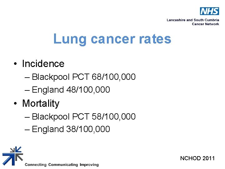 Lung cancer rates • Incidence – Blackpool PCT 68/100, 000 – England 48/100, 000