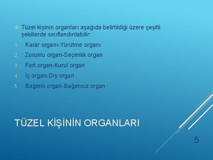  Tüzel kişinin organları aşağıda belirtildiği üzere çeşitli şekillerde sınıflandırılabilir: 1. Karar organı-Yürütme organı