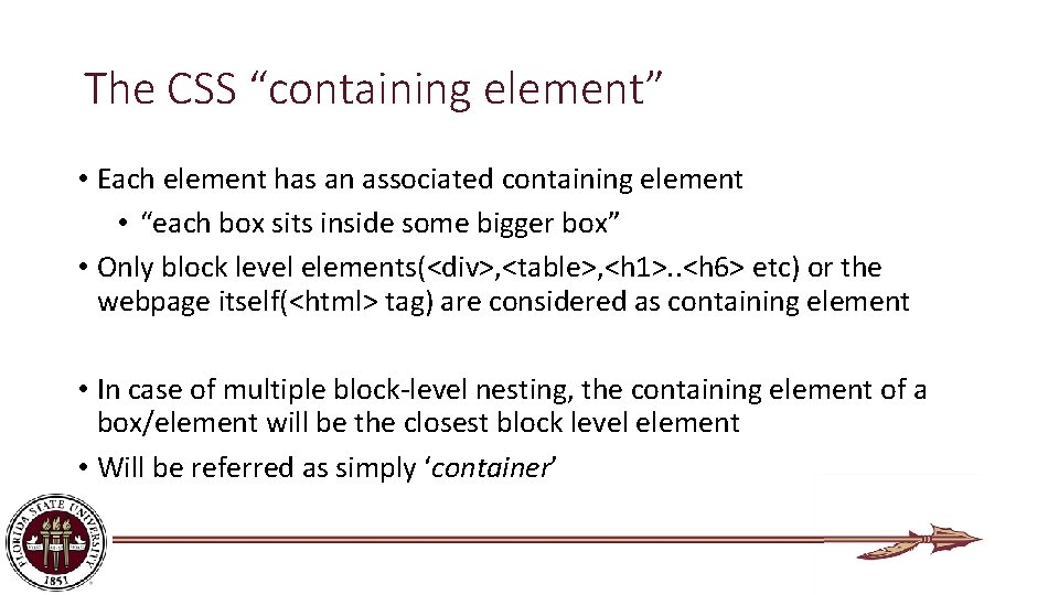 The CSS “containing element” • Each element has an associated containing element • “each