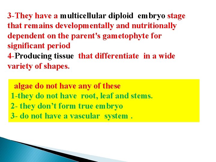 3 -They have a multicellular diploid embryo stage that remains developmentally and nutritionally dependent 3 -They have a multicellular diploid embryo stage that remains developmentally and nutritionally dependent