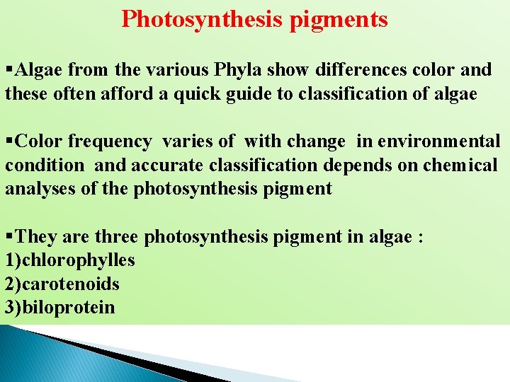 Photosynthesis pigments §Algae from the various Phyla show differences color and these often afford Photosynthesis pigments §Algae from the various Phyla show differences color and these often afford
