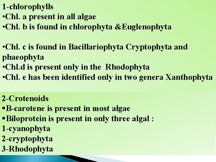 1 -chlorophylls • Chl. a present in all algae • Chl. b is found