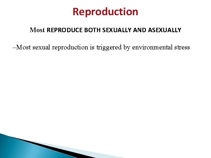 Reproduction Most REPRODUCE BOTH SEXUALLY AND ASEXUALLY –Most sexual reproduction is triggered by environmental Reproduction Most REPRODUCE BOTH SEXUALLY AND ASEXUALLY –Most sexual reproduction is triggered by environmental