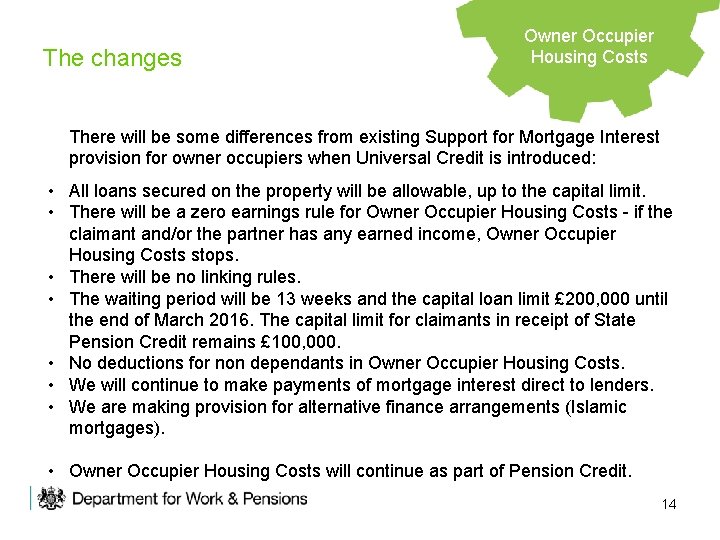 The changes Owner Occupier Housing. Support Costs There will be some differences from existing