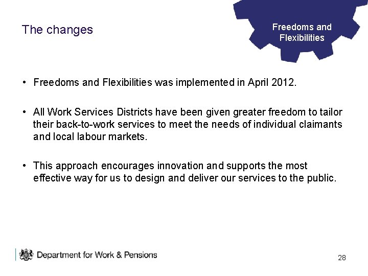 The changes Freedoms and Flexibilities • Freedoms and Flexibilities was implemented in April 2012.