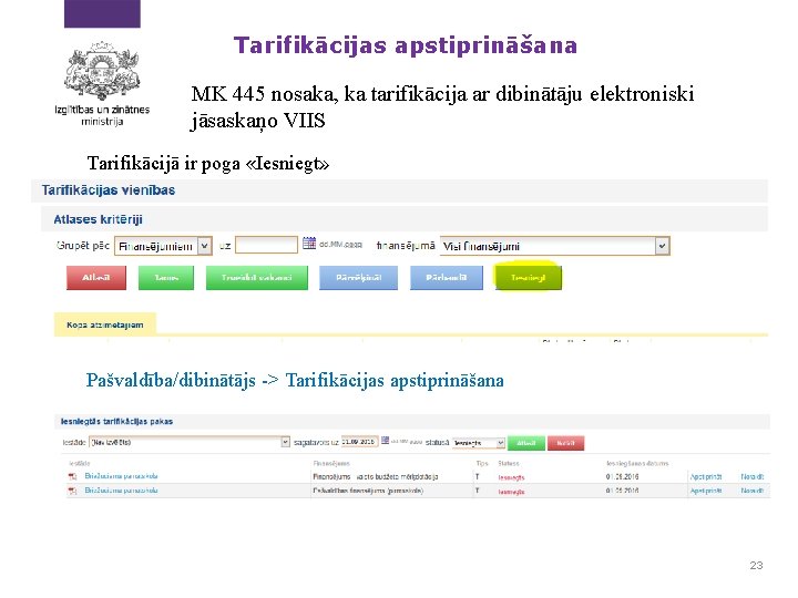 Tarifikācijas apstiprināšana MK 445 nosaka, ka tarifikācija ar dibinātāju elektroniski jāsaskaņo VIIS Tarifikācijā ir