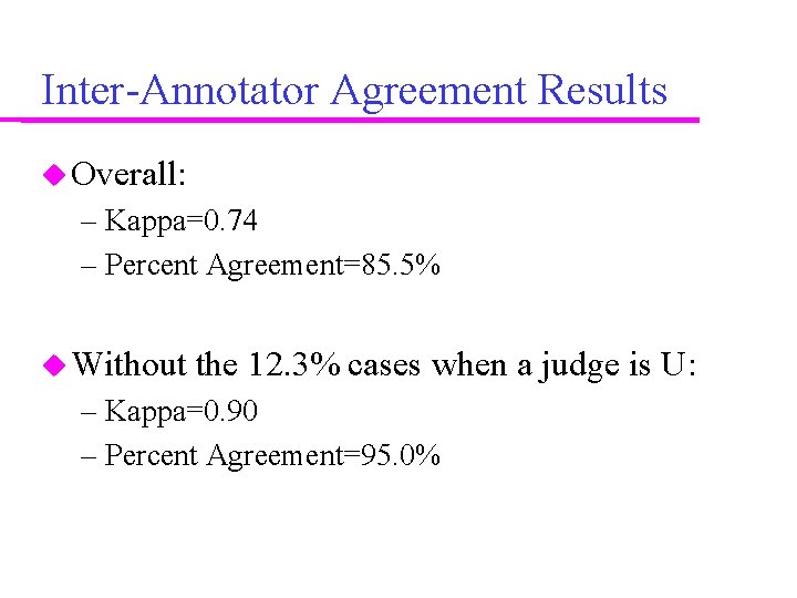 Inter-Annotator Agreement Results Overall: – Kappa=0. 74 – Percent Agreement=85. 5% Without the 12.
