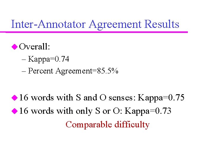Inter-Annotator Agreement Results Overall: – Kappa=0. 74 – Percent Agreement=85. 5% 16 words with
