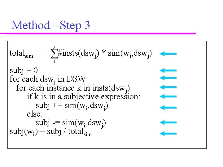 Method –Step 3 totalsim = #insts(dswj) * sim(wi, dswj) subj = 0 for each
