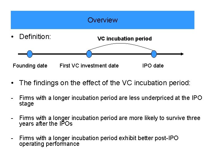 Overview • Definition: Founding date VC incubation period First VC investment date IPO date