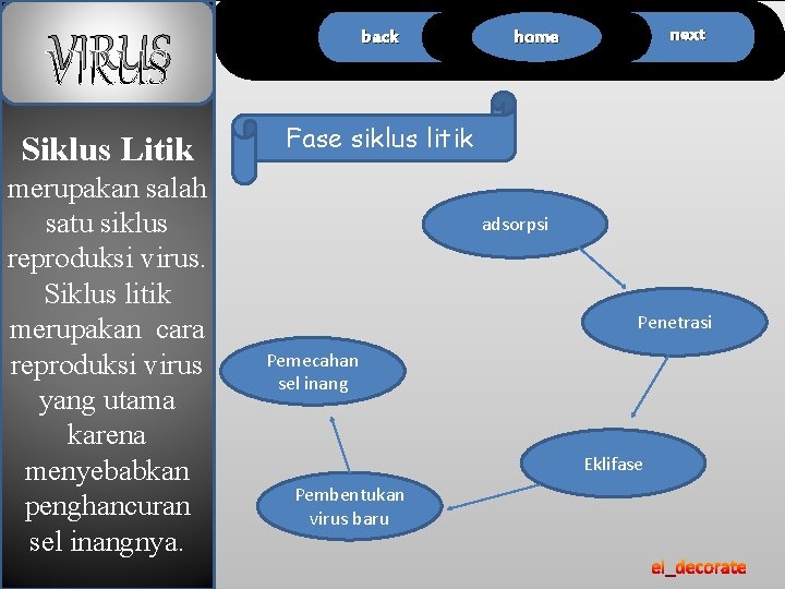 back VIRUS Siklus Litik merupakan salah satu siklus reproduksi virus. Siklus litik merupakan cara