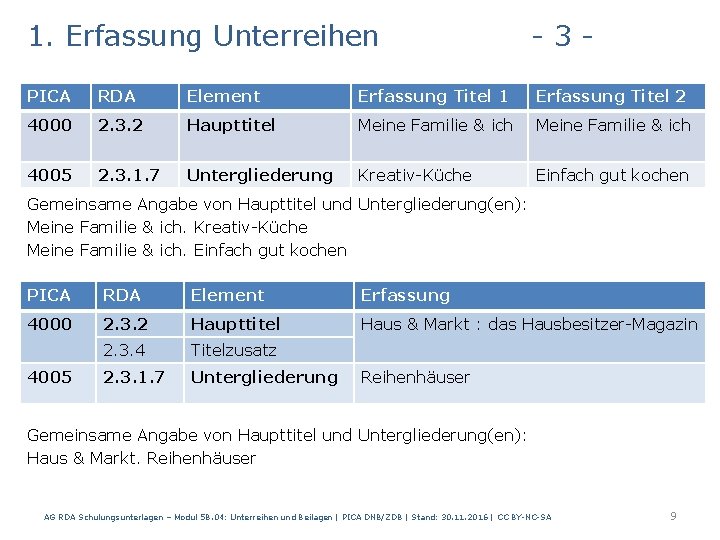 1. Erfassung Unterreihen - 3 - PICA RDA Element Erfassung Titel 1 Erfassung Titel