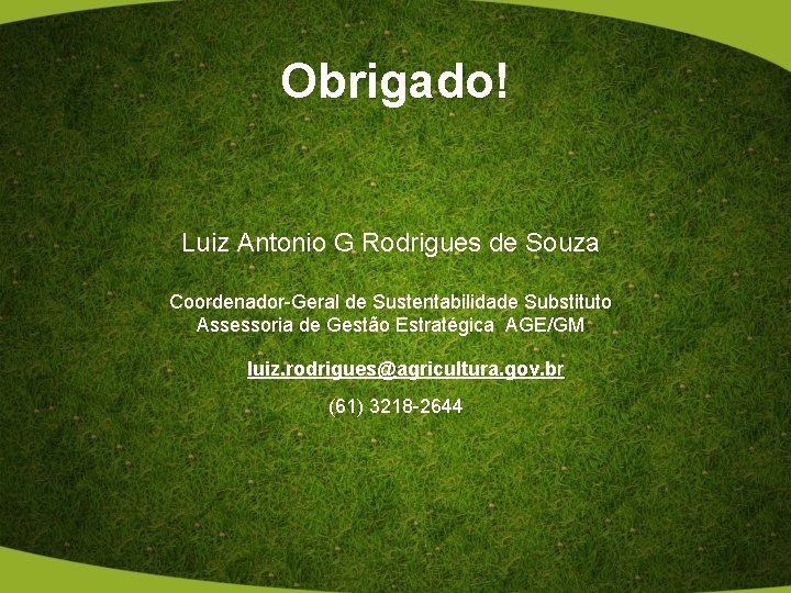 Obrigado! Luiz Antonio G Rodrigues de Souza Coordenador-Geral de Sustentabilidade Substituto Assessoria de Gestão