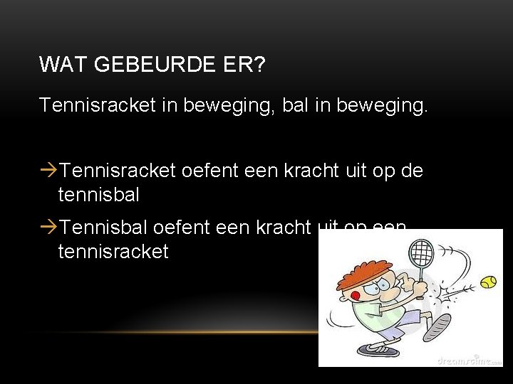 WAT GEBEURDE ER? Tennisracket in beweging, bal in beweging. Tennisracket oefent een kracht uit