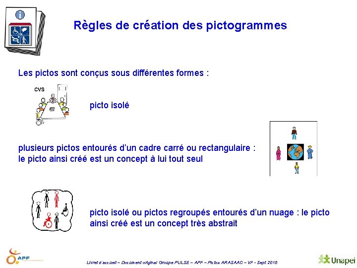 Règles de création des pictogrammes Les pictos sont conçus sous différentes formes : picto