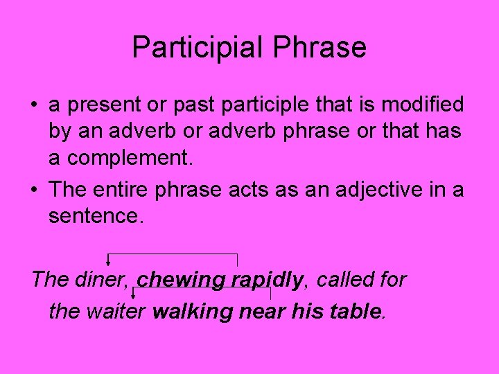 Participial Phrase • a present or past participle that is modified by an adverb