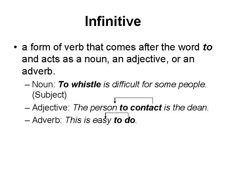 Infinitive • a form of verb that comes after the word to and acts