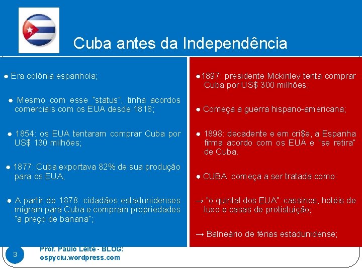 Cuba antes da Independência ● Era colônia espanhola; ● Mesmo com esse “status”, tinha