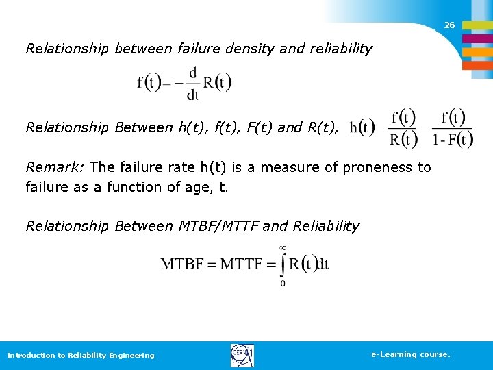 26 Relationship between failure density and reliability Relationship Between h(t), f(t), F(t) and R(t), 26 Relationship between failure density and reliability Relationship Between h(t), f(t), F(t) and R(t),