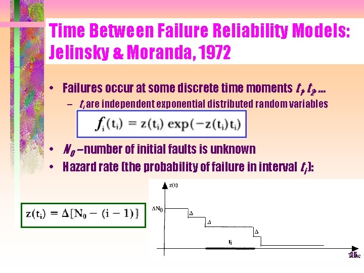 Time Between Failure Reliability Models: Jelinsky & Moranda, 1972 • Failures occur at some