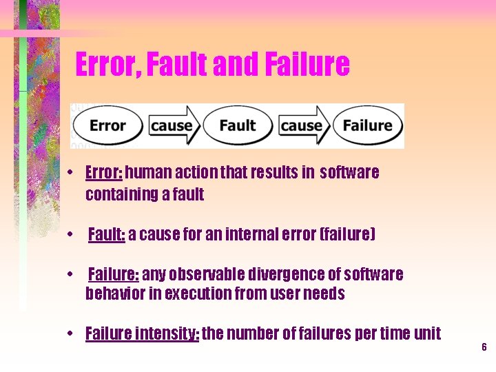 Error, Fault and Failure • Error: human action that results in software containing a