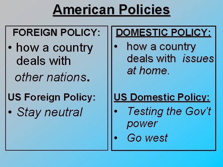 American Policies FOREIGN POLICY: DOMESTIC POLICY: • how a country deals with other nations.