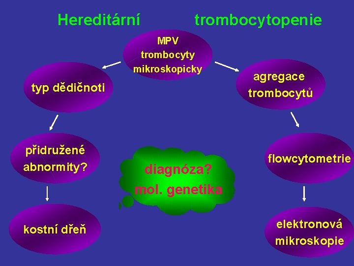Hereditární trombocytopenie MPV trombocyty mikroskopicky typ dědičnoti přidružené abnormity? kostní dřeň diagnóza? mol. genetika